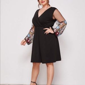 Shein Plus Floral Embroidery Mesh Sleeve Dress 2X
